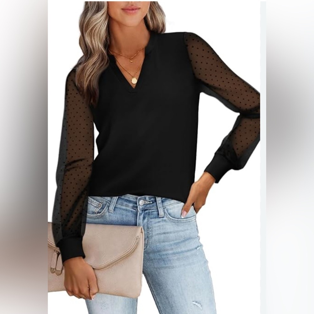Funlingo Elegant Black Sheer Sleeve Top.  Size-Medium